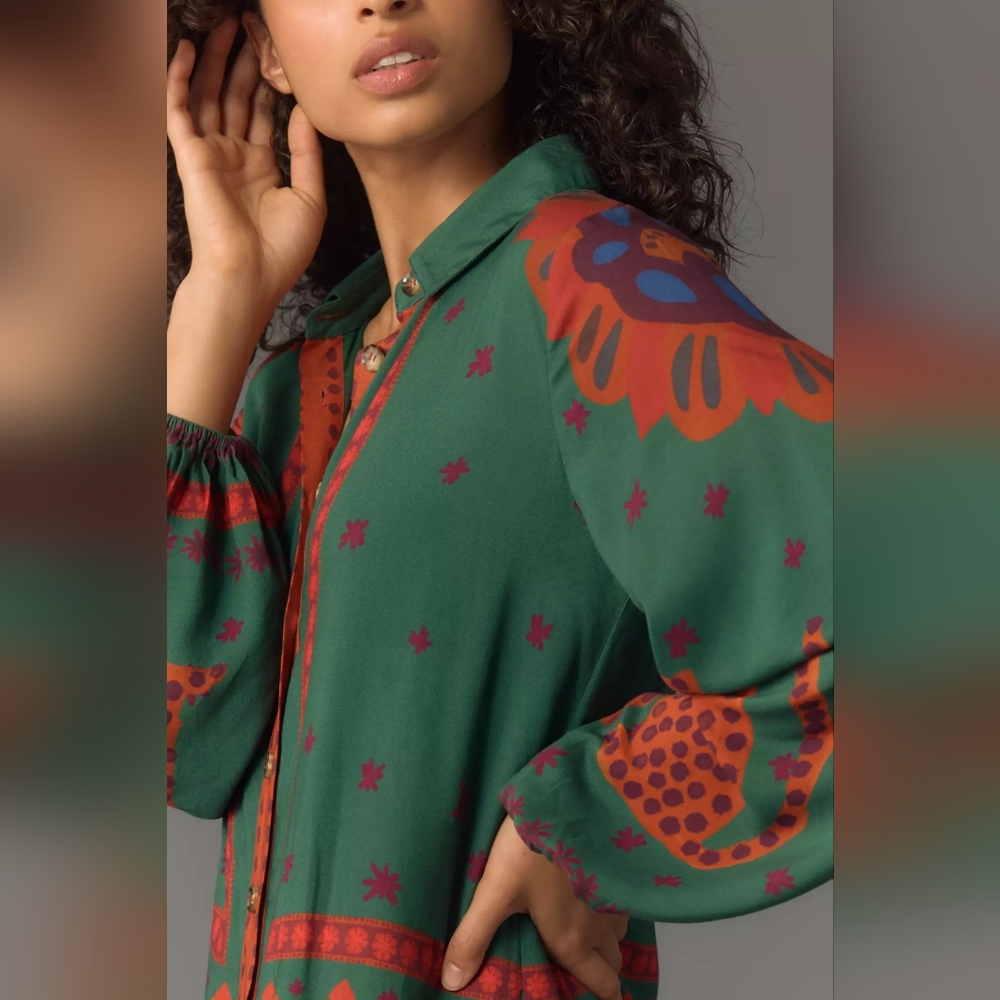 FARM Rio Green Maxi Shirt Dress with Red Floral & Animal Motifs - Picture 4 of 8